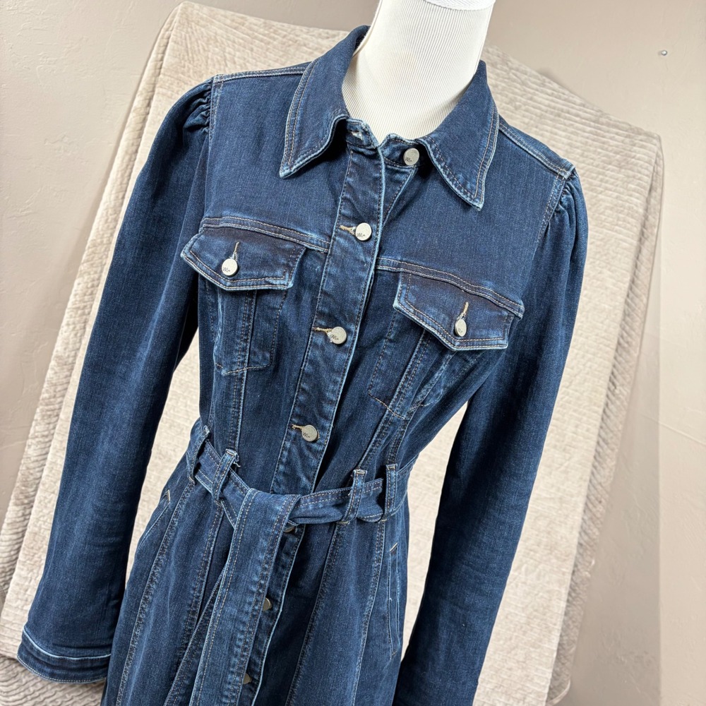 WASH LAB Denim Midi Dress Sea Blue Button Down Belted Fringe Hem WL1521D